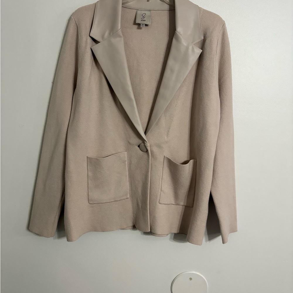 Sioni Beige Knit Sweater Blazer Faux Leather Lapel Pockets Size M